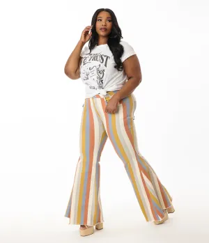 Plus Size Multicolor Striped Western Denim Bell Bottoms Comfortable Travel Wear