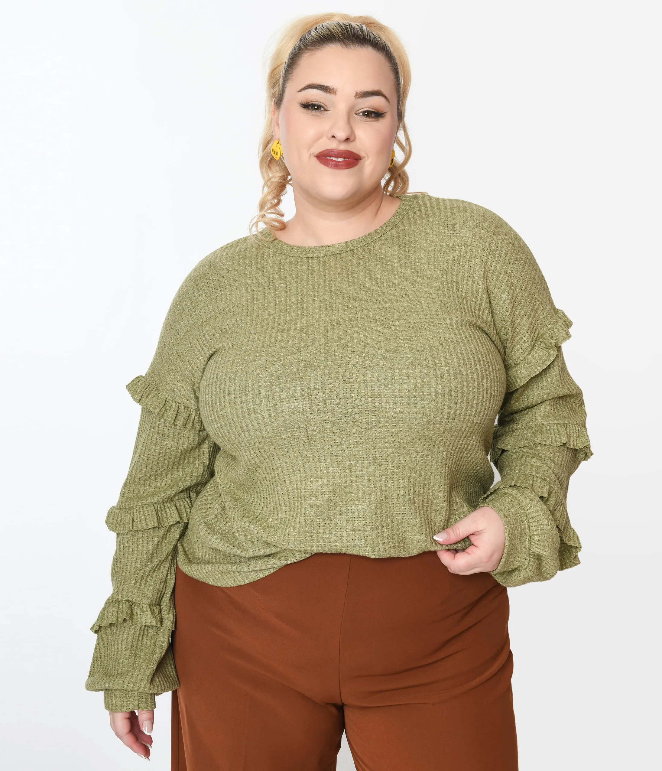 Plus Size Olive Green Ruffle Trim Ribbed Pullover Sweater Easy Date Night