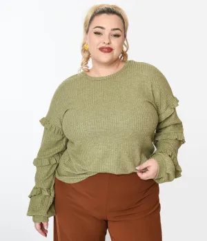 Plus Size Olive Green Ruffle Trim Ribbed Pullover Sweater Easy Date Night