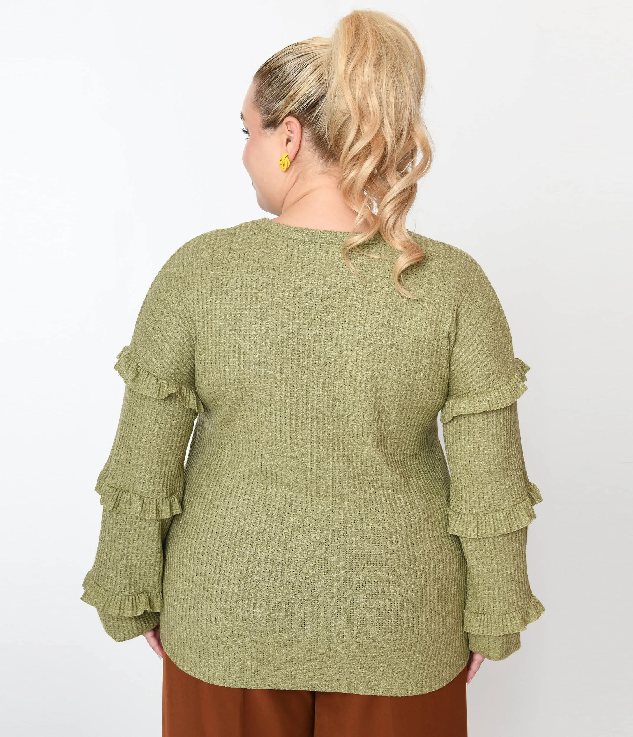 Plus Size Olive Green Ruffle Trim Ribbed Pullover Sweater Easy Date Night