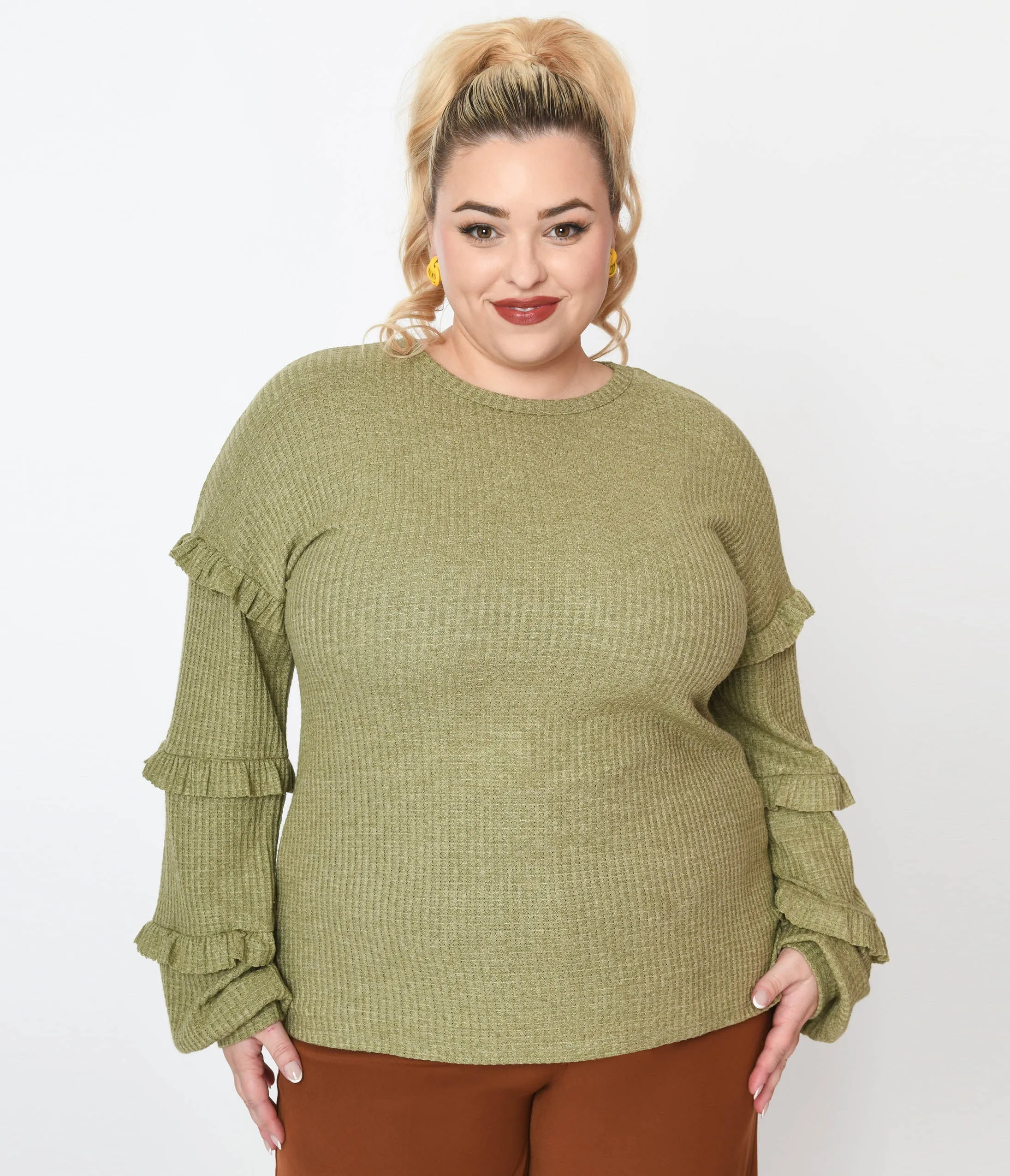 Plus Size Olive Green Ruffle Trim Ribbed Pullover Sweater Easy Date Night