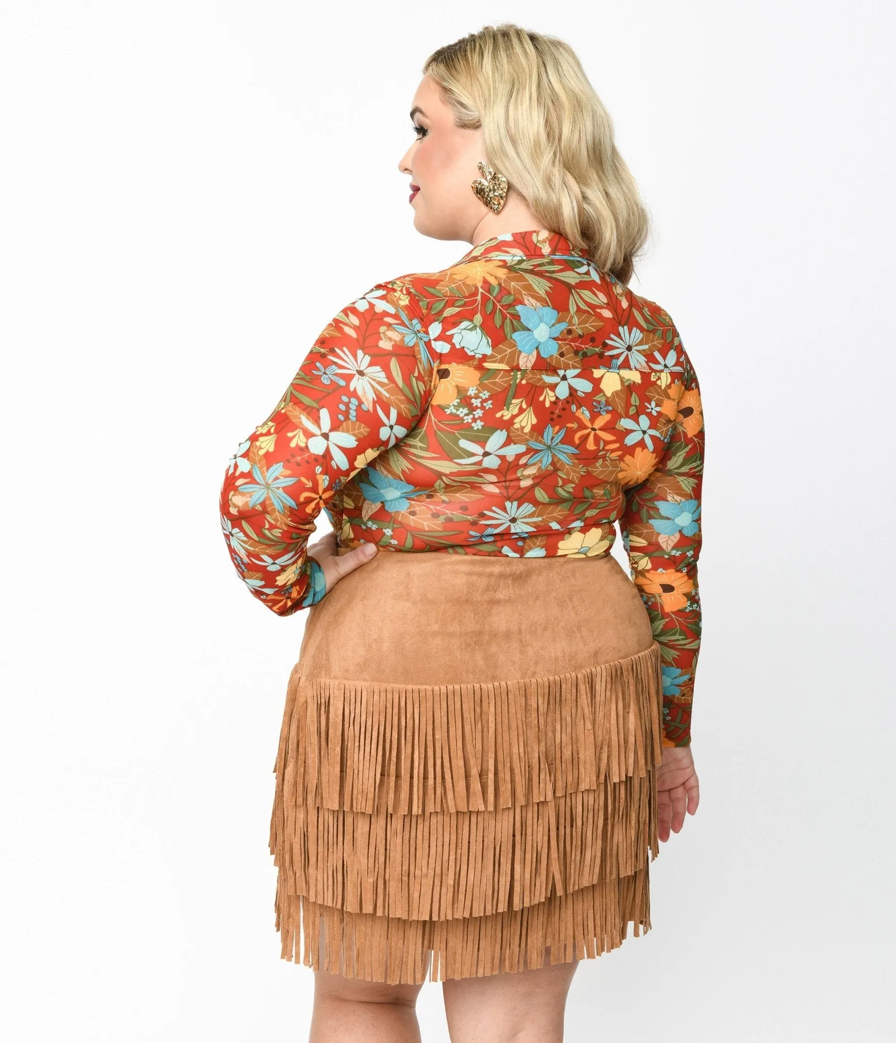 Plus Size Red & Multicolor Floral Collared Surplice Bodysuit Easy Date Night