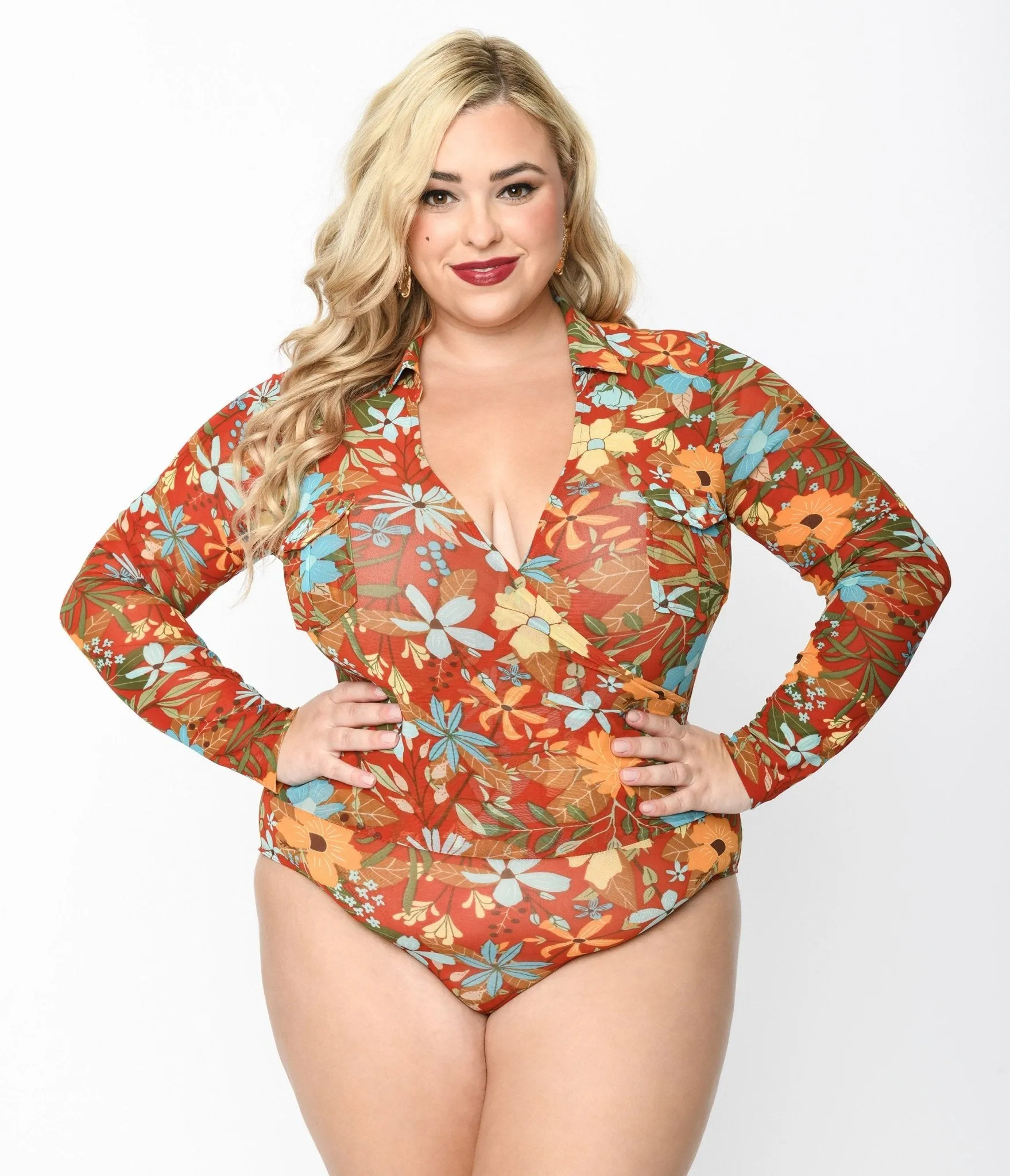 Plus Size Red & Multicolor Floral Collared Surplice Bodysuit Easy Date Night