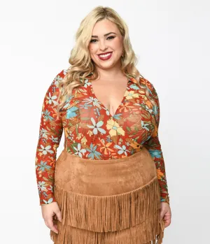Plus Size Red & Multicolor Floral Collared Surplice Bodysuit Easy Date Night