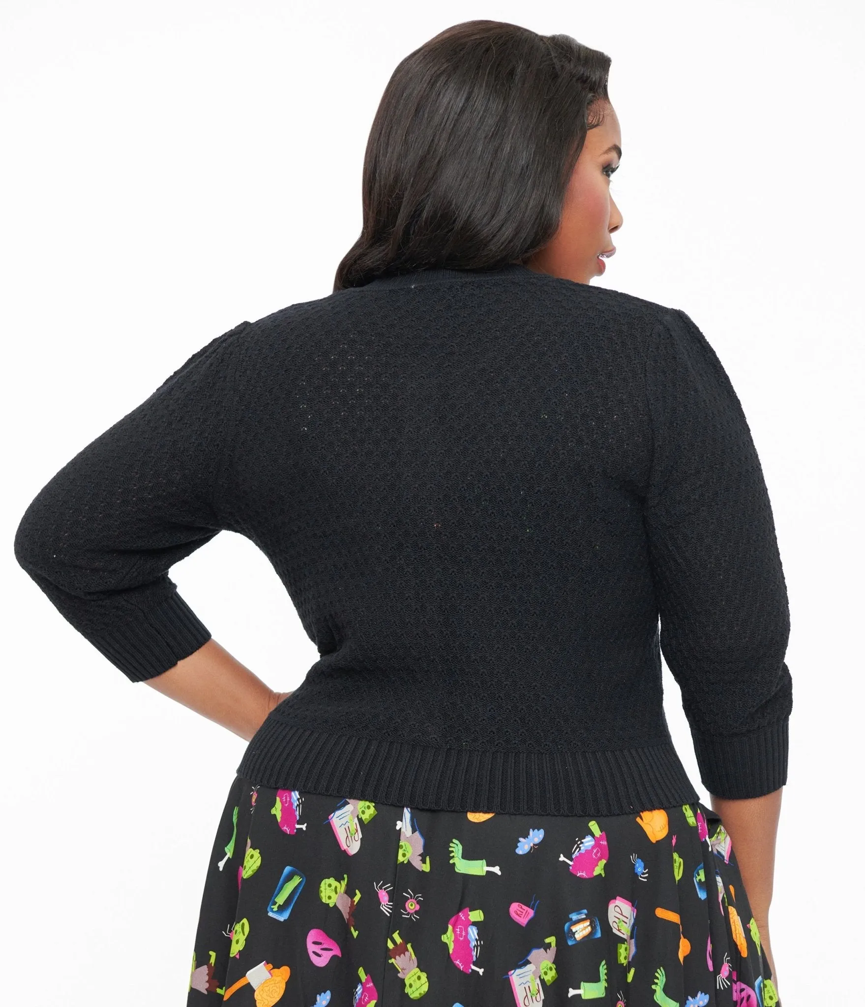 Plus Size Retro Style Black Cotton Crochet Sleeved Button Cardigan Easy Date Night