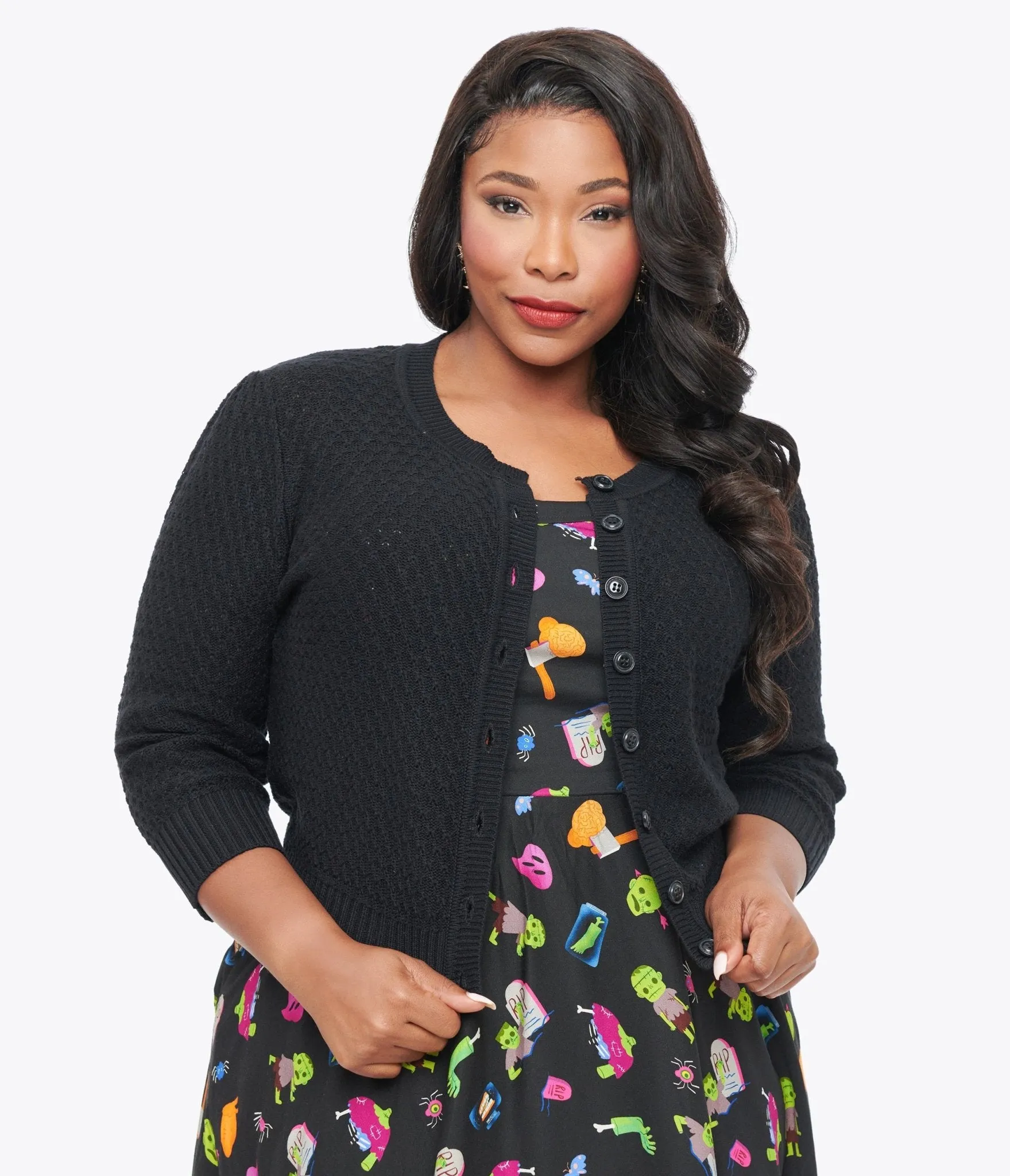 Plus Size Retro Style Black Cotton Crochet Sleeved Button Cardigan Easy Date Night