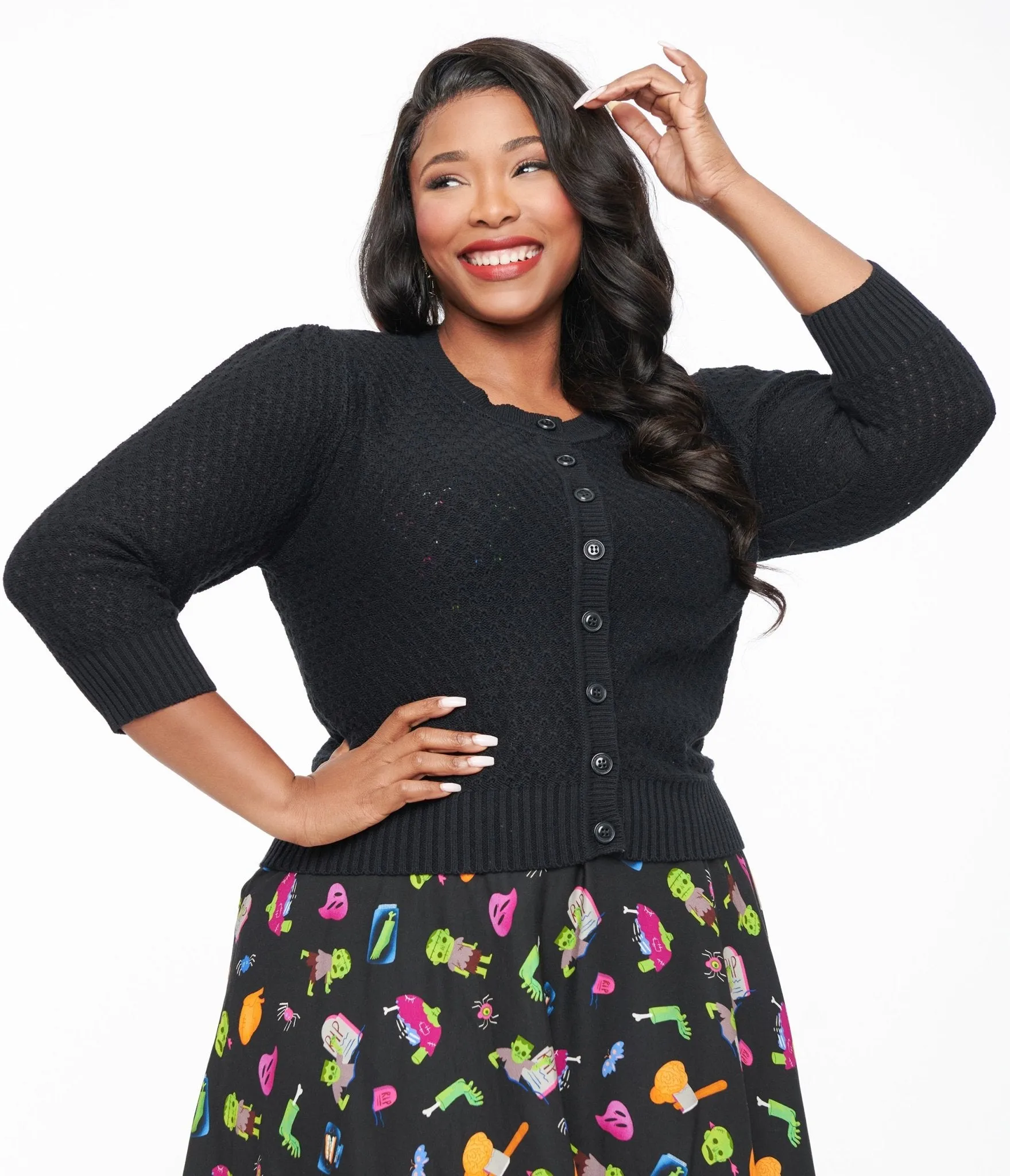 Plus Size Retro Style Black Cotton Crochet Sleeved Button Cardigan Easy Date Night