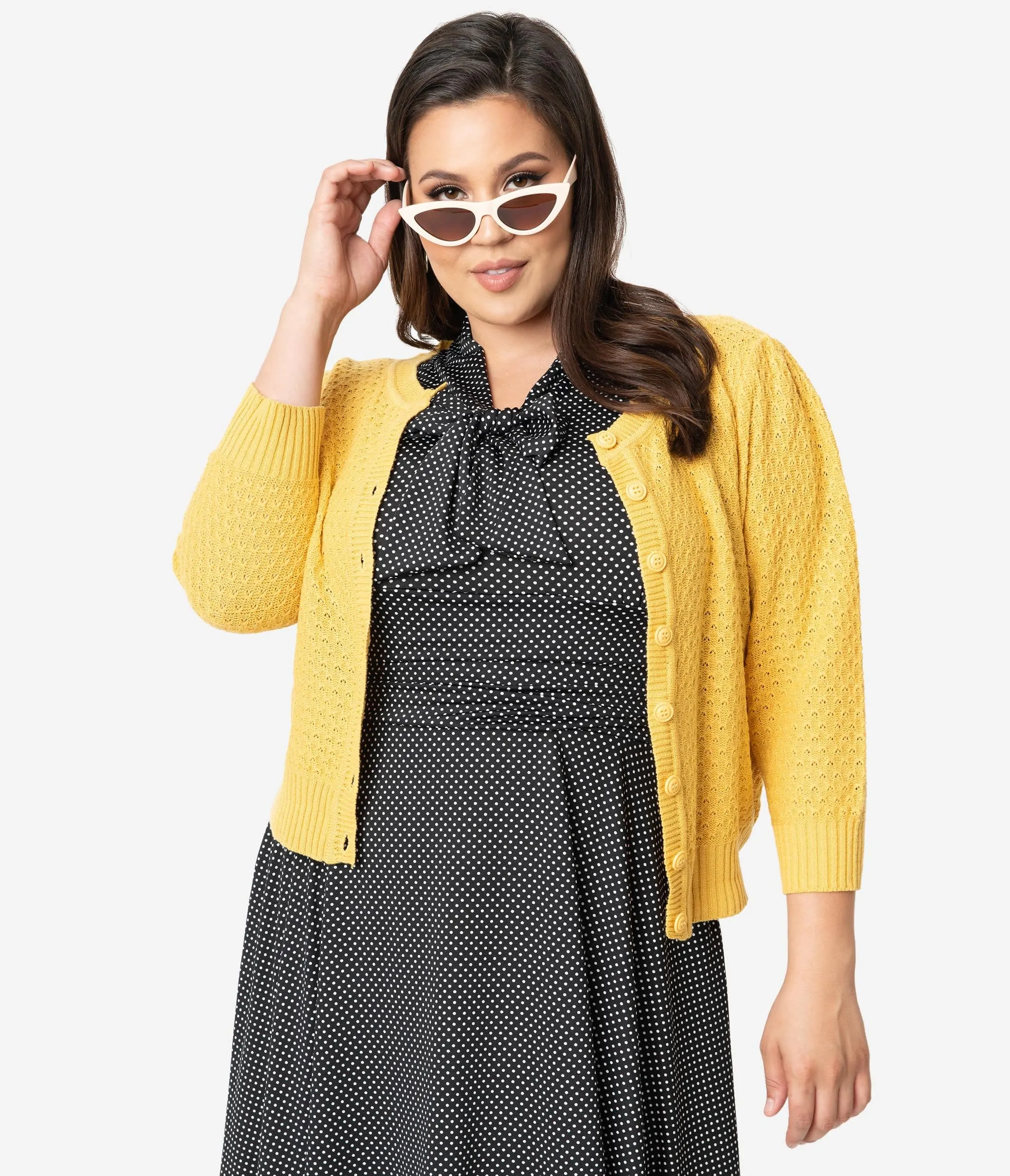 Plus Size Retro Style Honey Yellow Cotton Crochet Sleeved Button Cardigan Easy Date Night