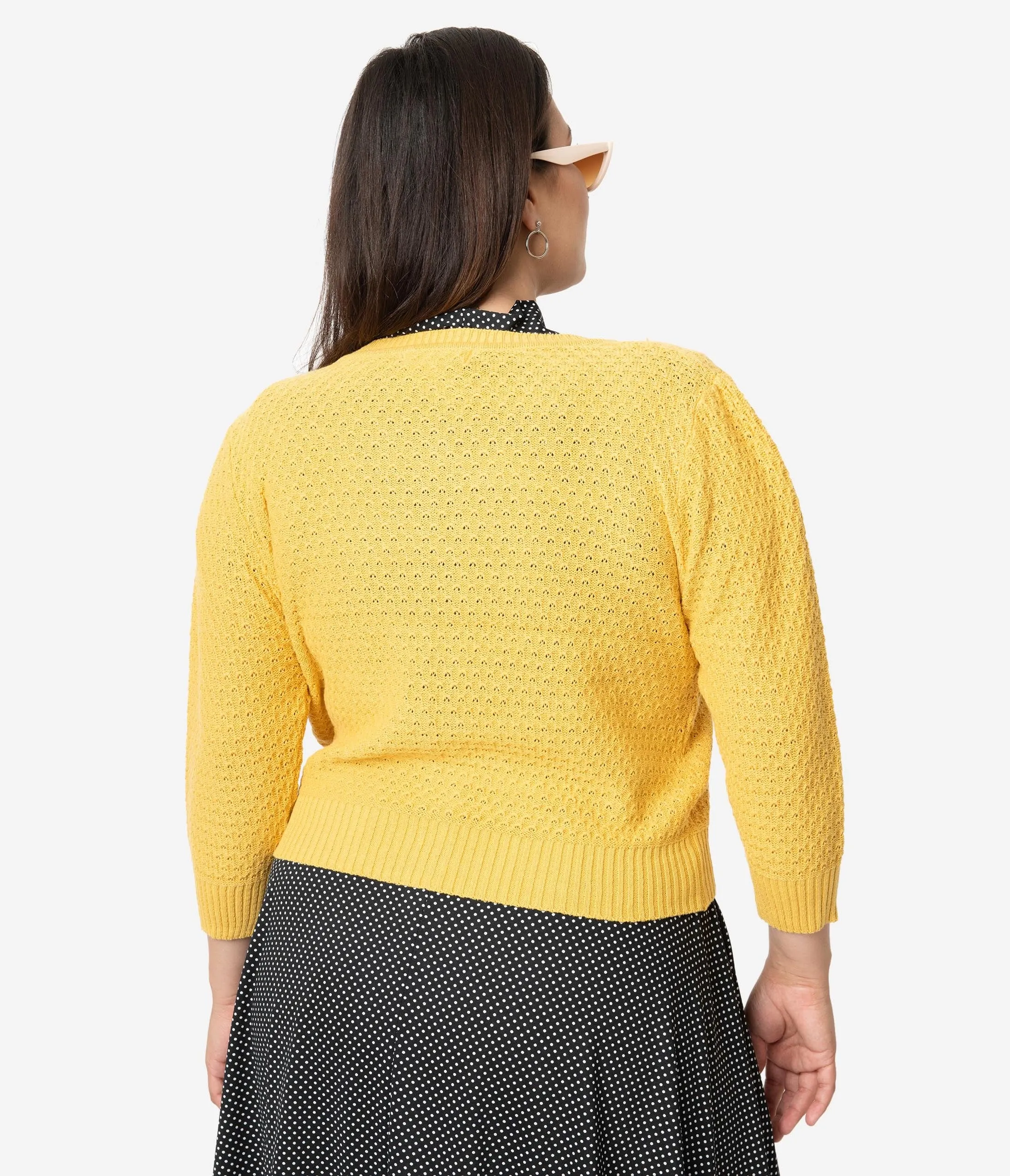 Plus Size Retro Style Honey Yellow Cotton Crochet Sleeved Button Cardigan Easy Date Night