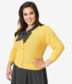 Plus Size Retro Style Honey Yellow Cotton Crochet Sleeved Button Cardigan Easy Date Night