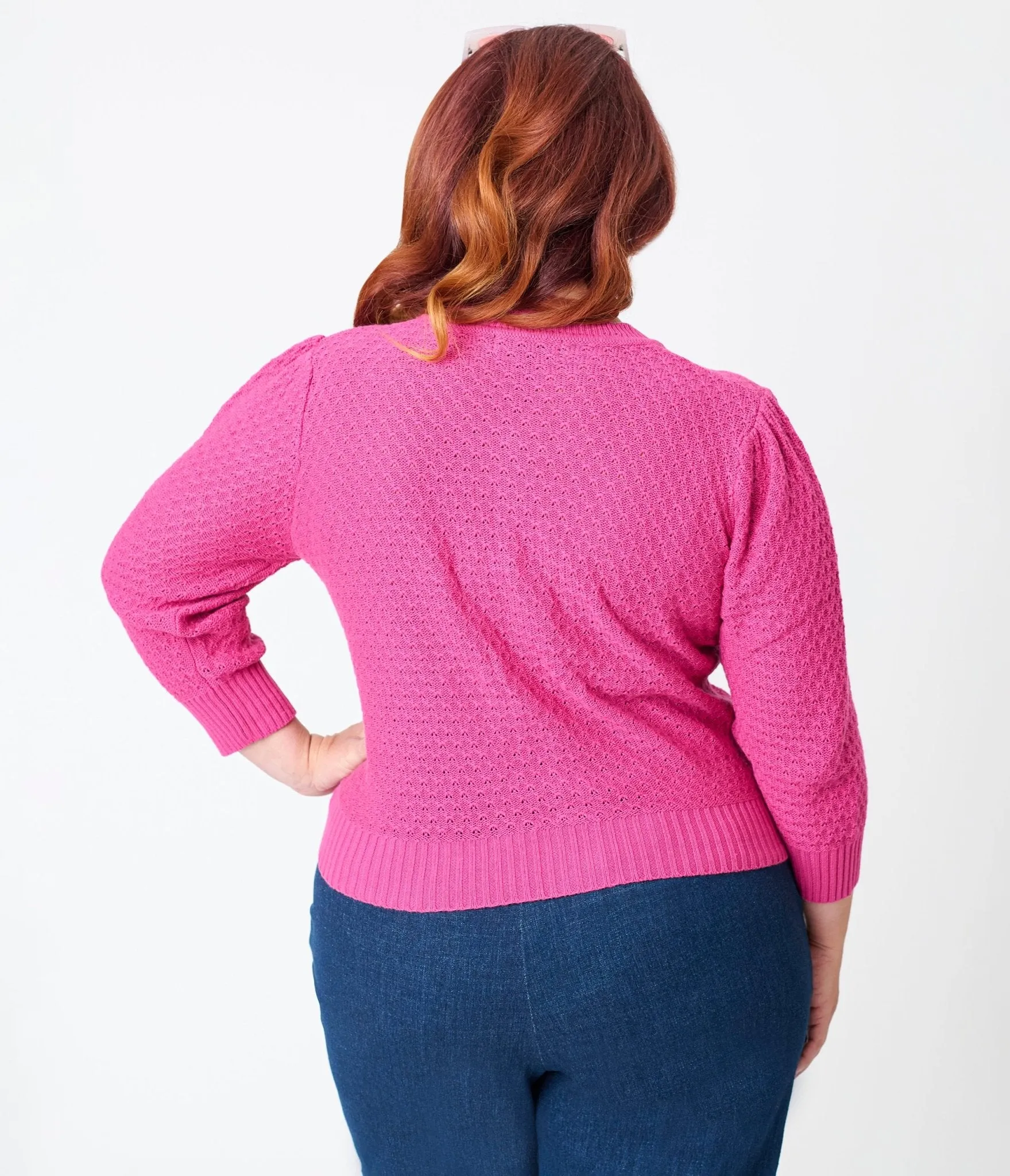 Plus Size Retro Style Magenta Crochet Cardigan Easy Date Night