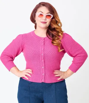 Plus Size Retro Style Magenta Crochet Cardigan Easy Date Night