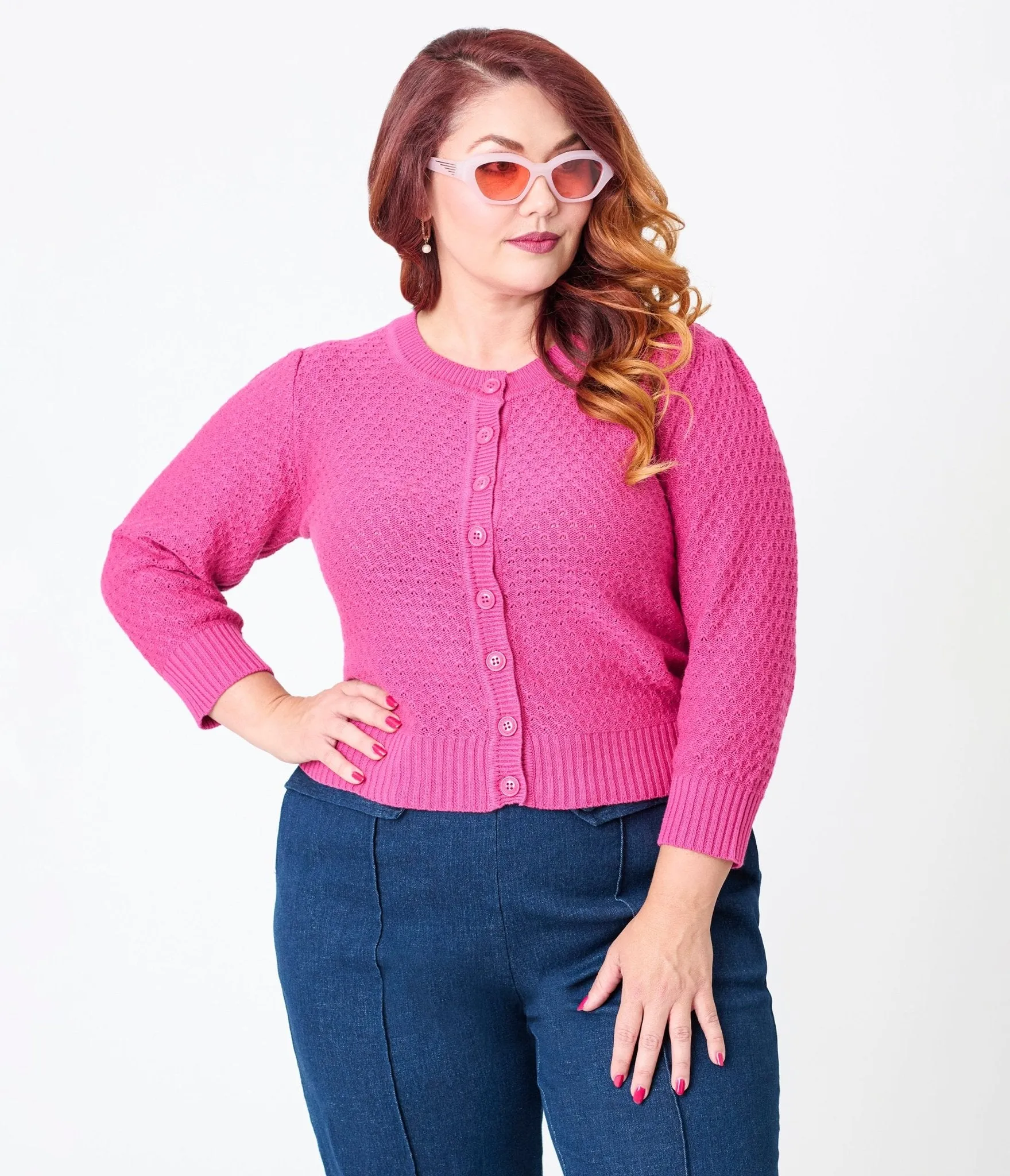 Plus Size Retro Style Magenta Crochet Cardigan Easy Date Night
