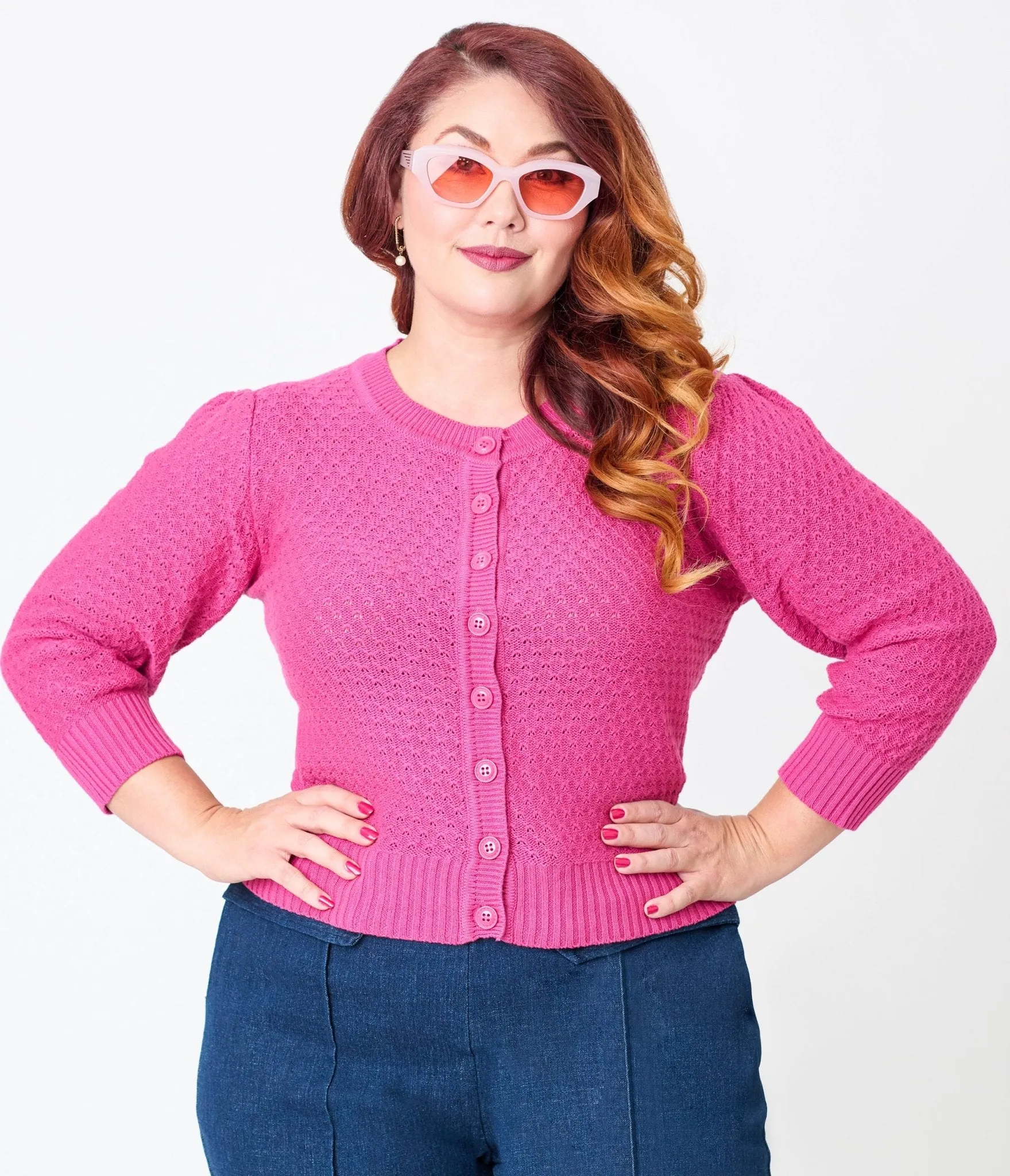 Plus Size Retro Style Magenta Crochet Cardigan Easy Date Night