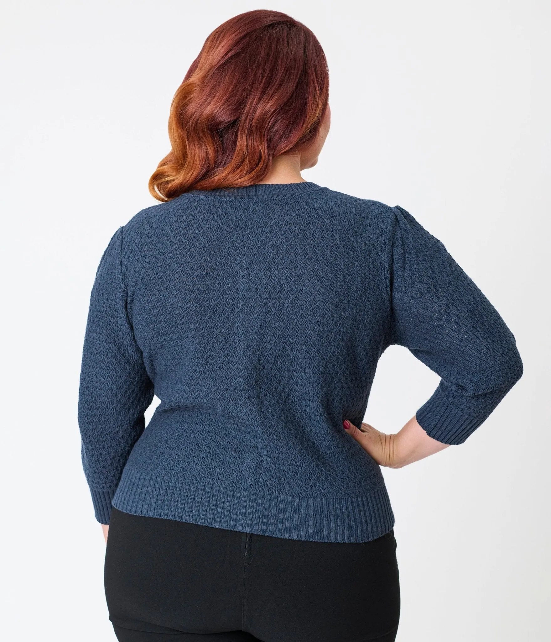 Plus Size Retro Style Navy Crochet Cardigan Easy Date Night