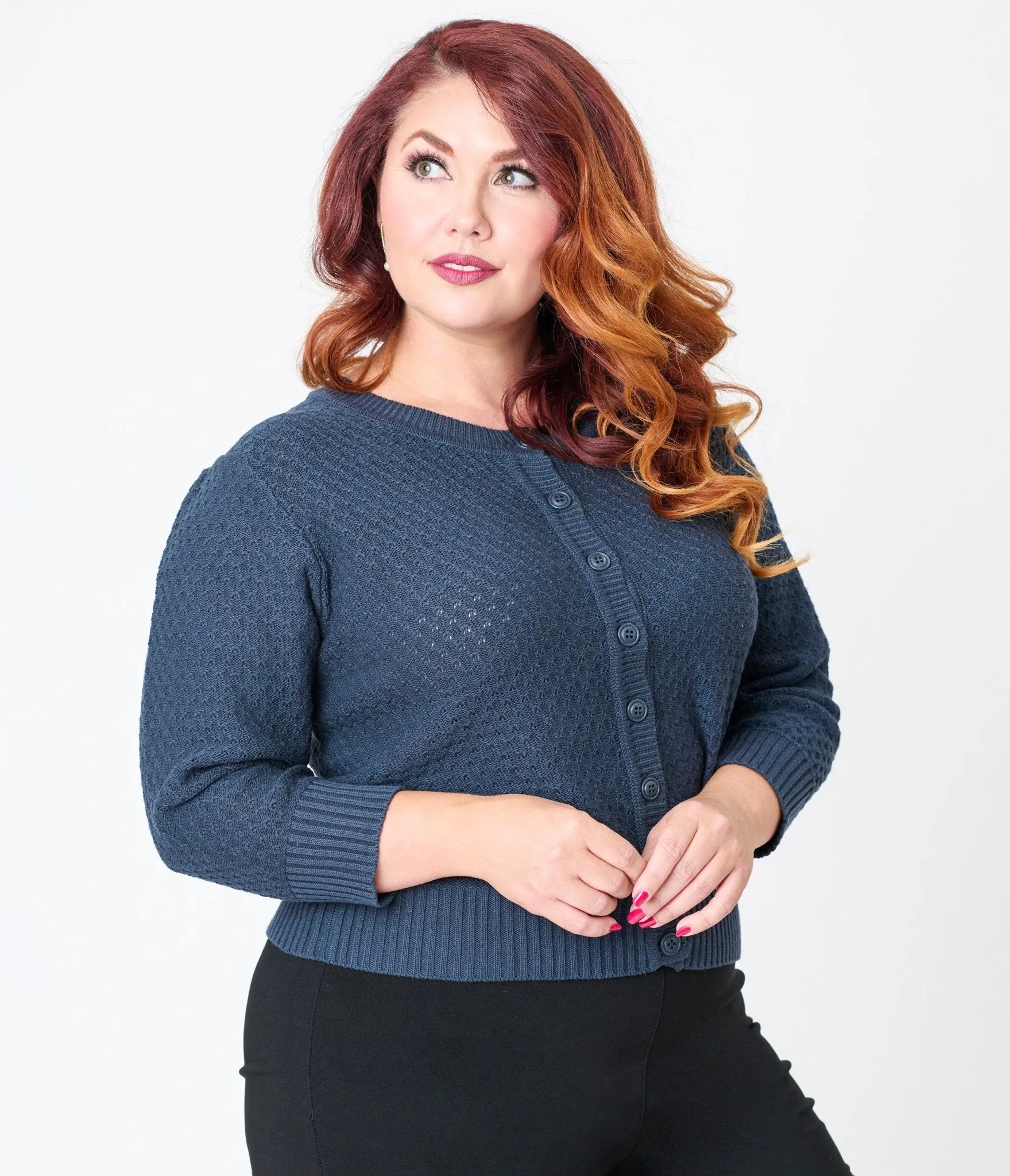 Plus Size Retro Style Navy Crochet Cardigan Easy Date Night