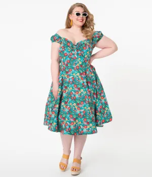 Plus Size Teal & Multicolor Tropical Floral Print Preston Swing Dress Casual Everyday Look
