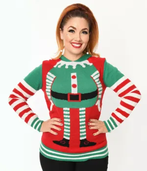 Red & Green Elf Hooded Holiday Sweater Easy Date Night