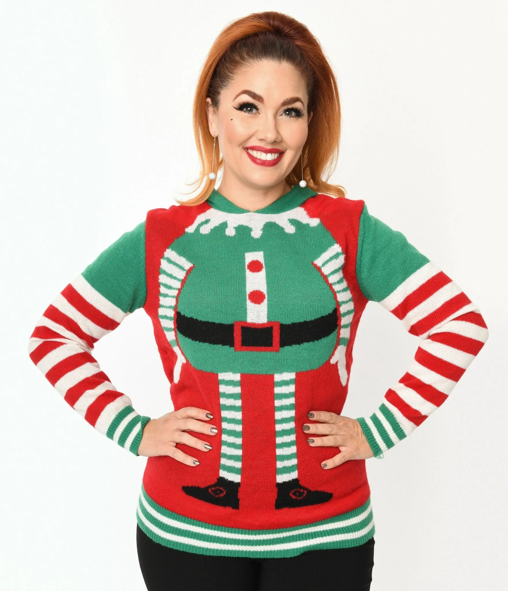 Red & Green Elf Hooded Holiday Sweater Easy Date Night