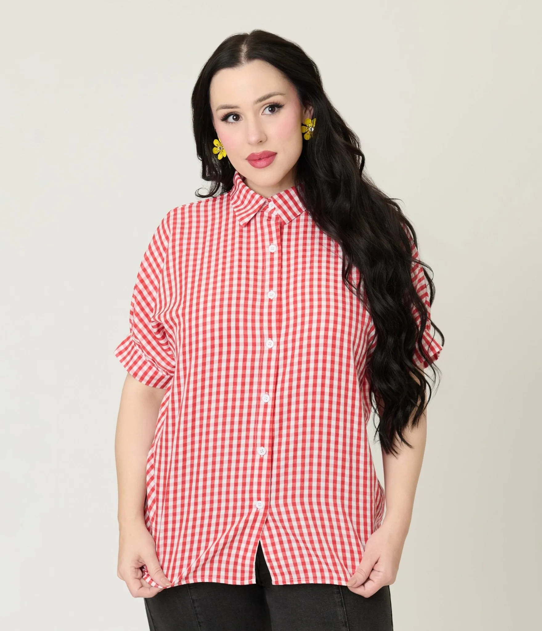 Red Plaid Button Up Blouse Easy Date Night