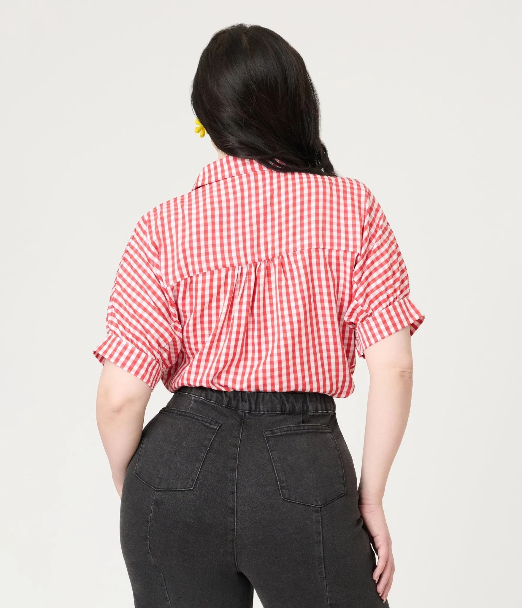 Red Plaid Button Up Blouse Easy Date Night