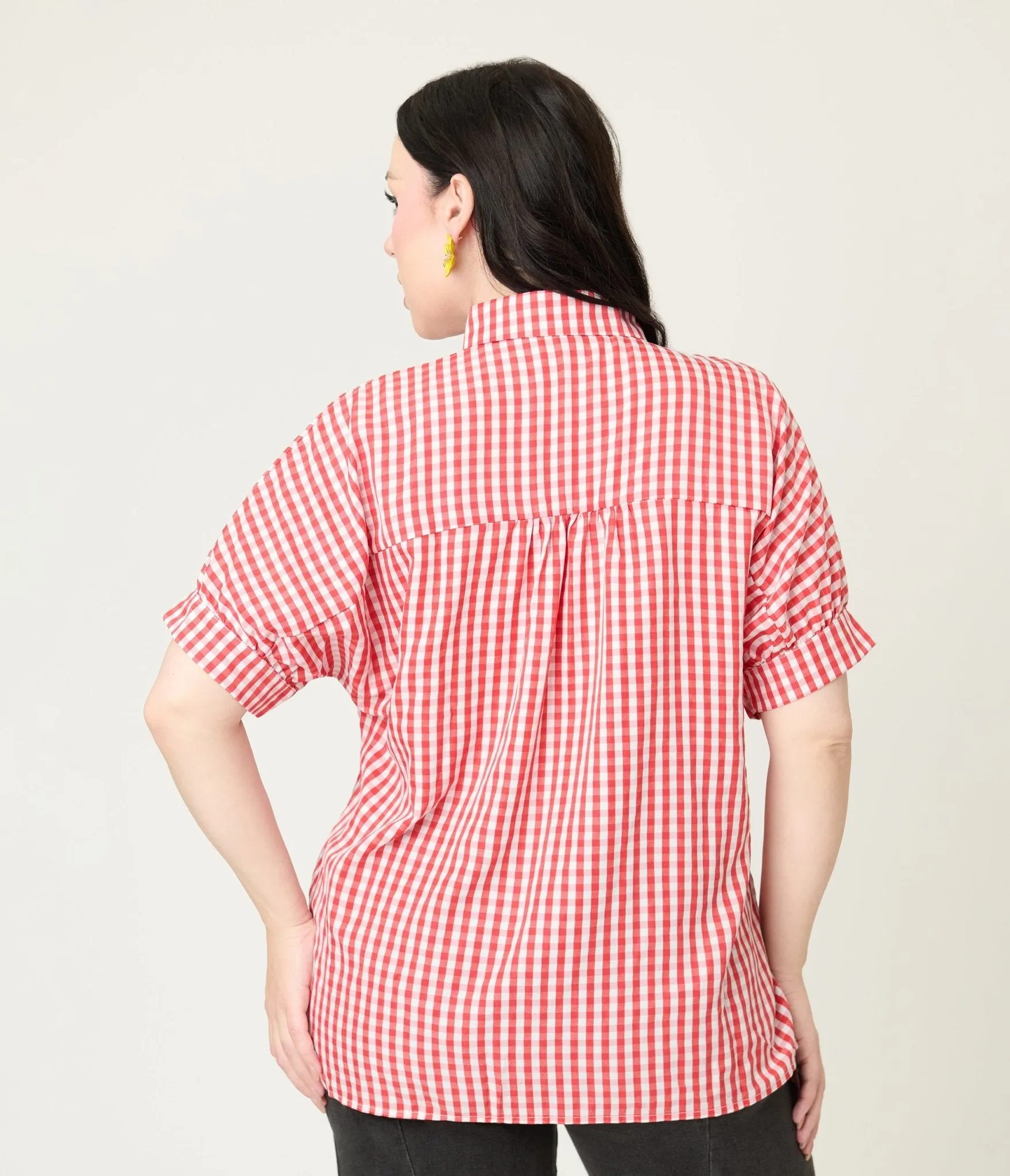 Red Plaid Button Up Blouse Easy Date Night