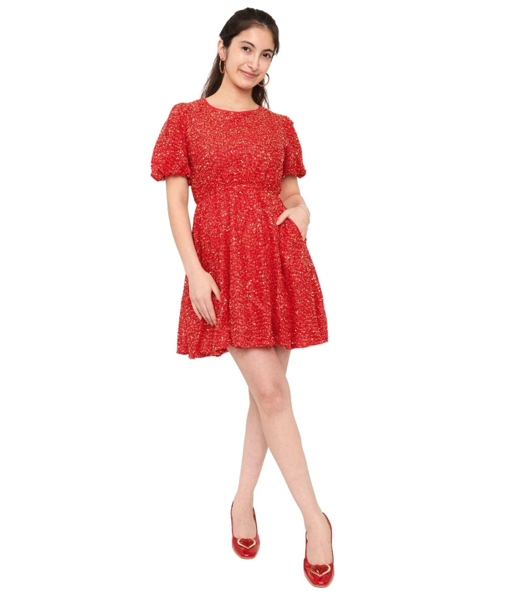 Red Sequin Puff Sleeve Flare Dress Casual Everyday Look