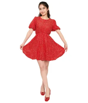 Red Sequin Puff Sleeve Flare Dress Casual Everyday Look