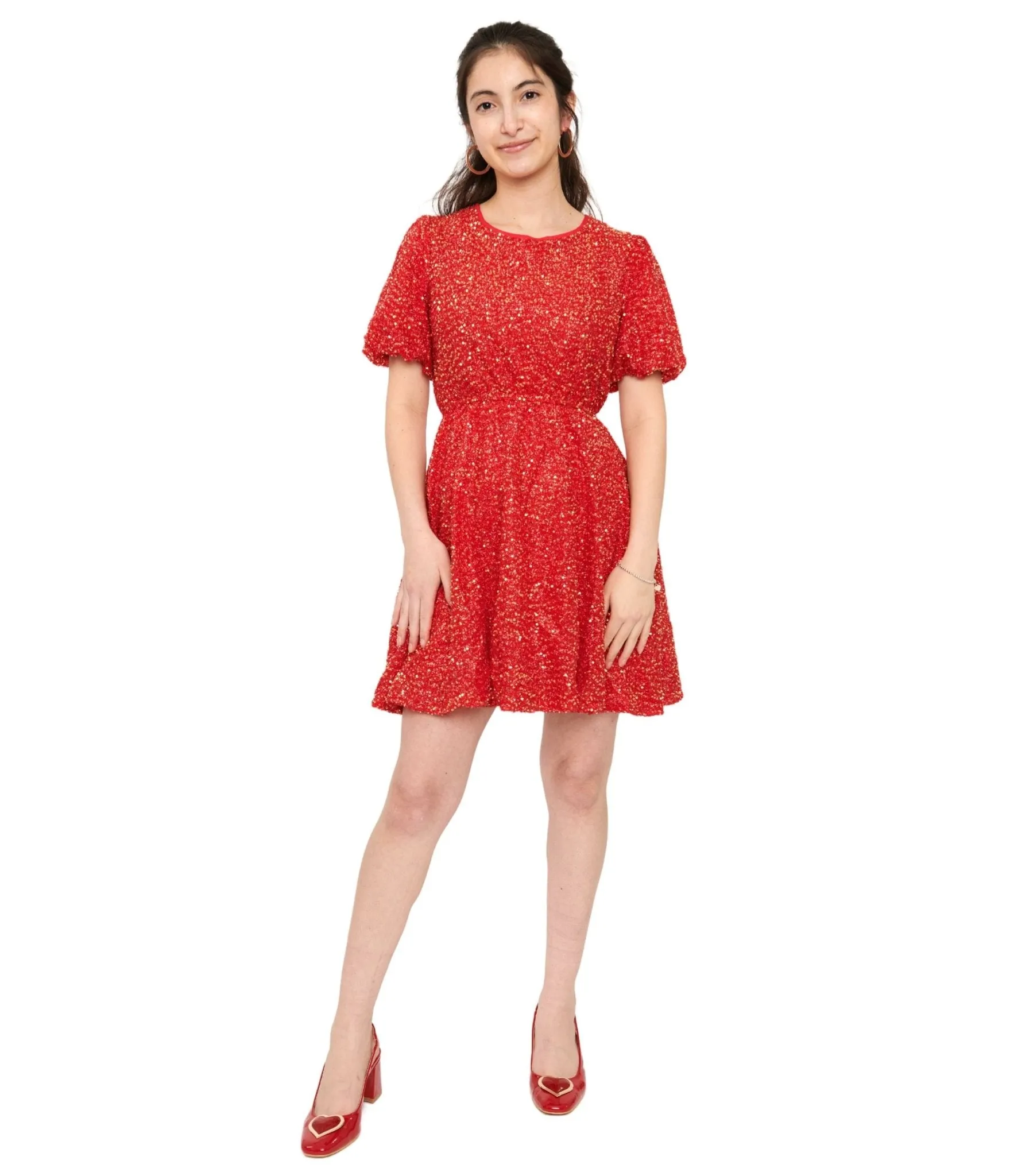 Red Sequin Puff Sleeve Flare Dress Casual Everyday Look