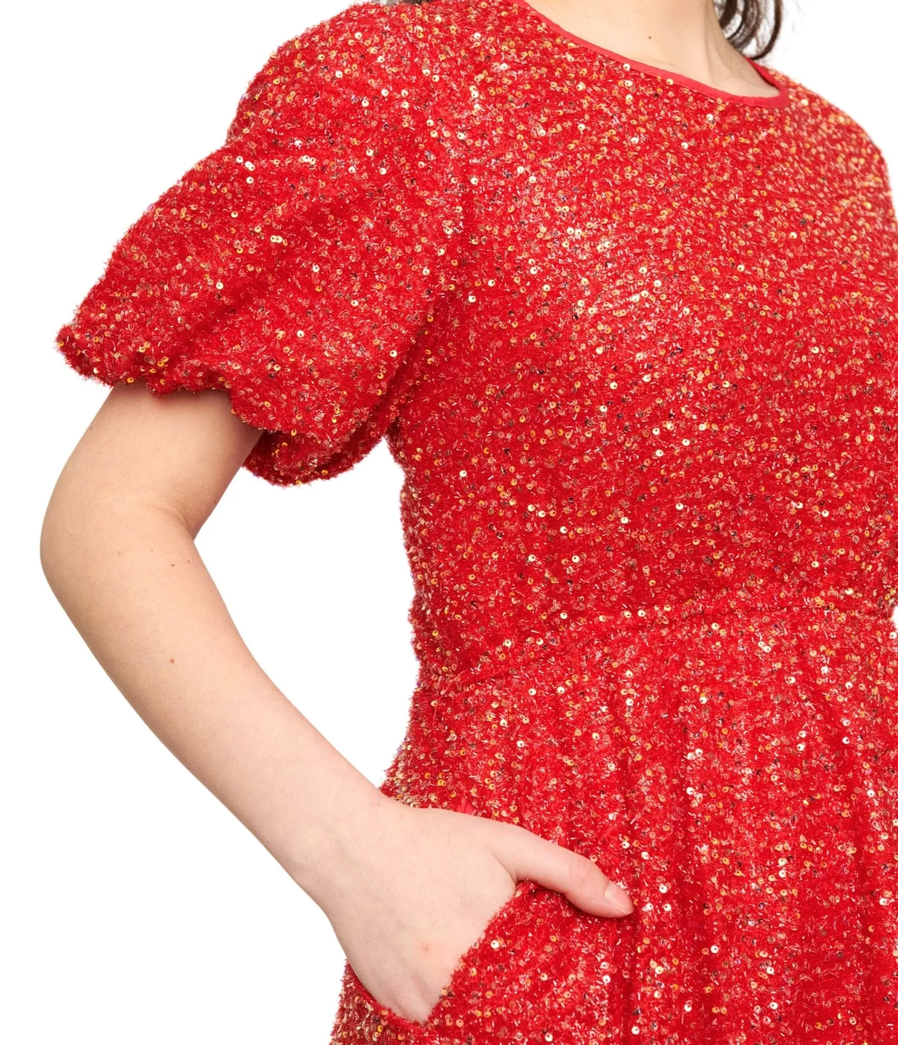 Red Sequin Puff Sleeve Flare Dress Casual Everyday Look