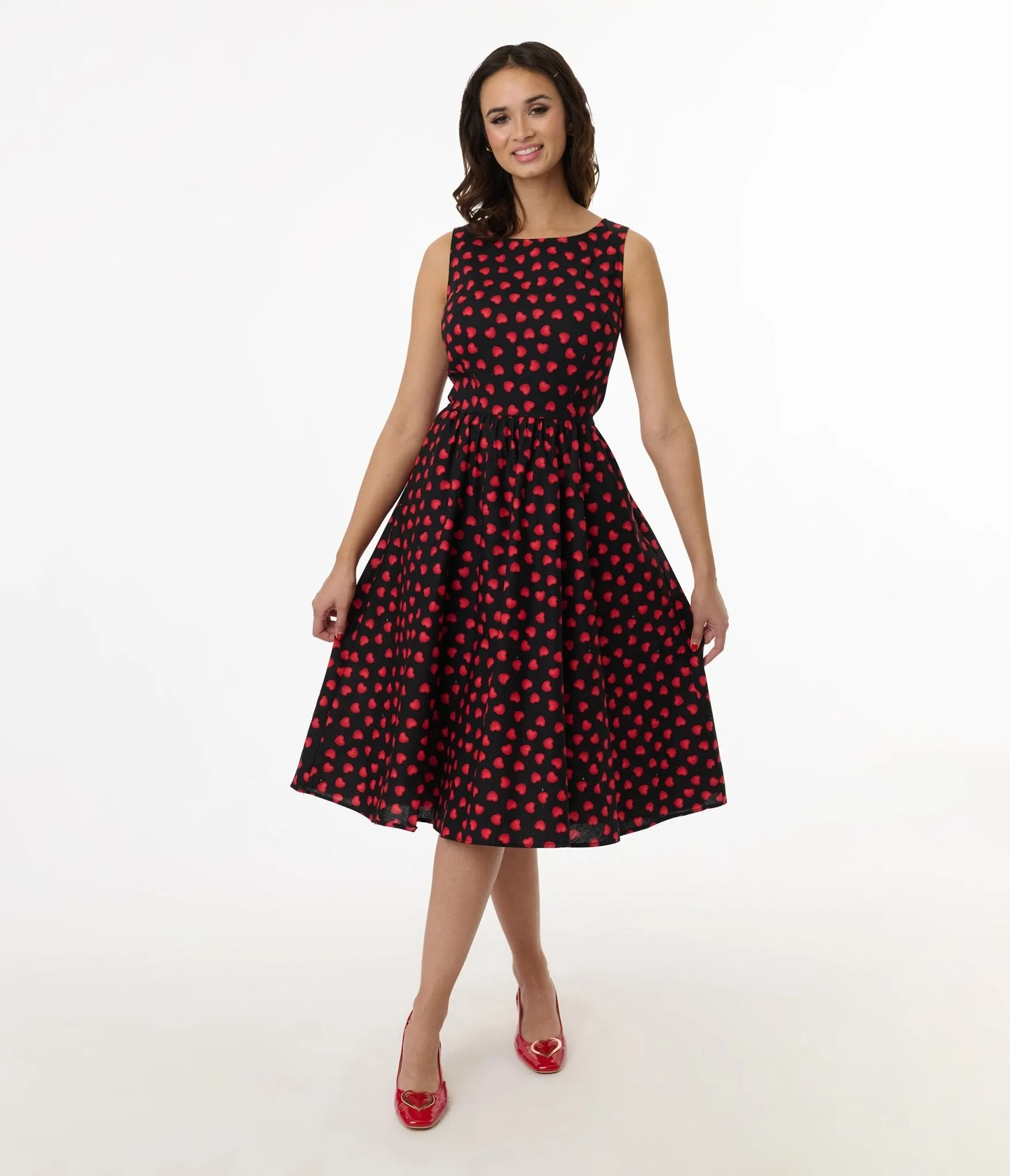 Retrolicious 1950s Black & Red Heart Cotton Swing Dress Casual Everyday Look