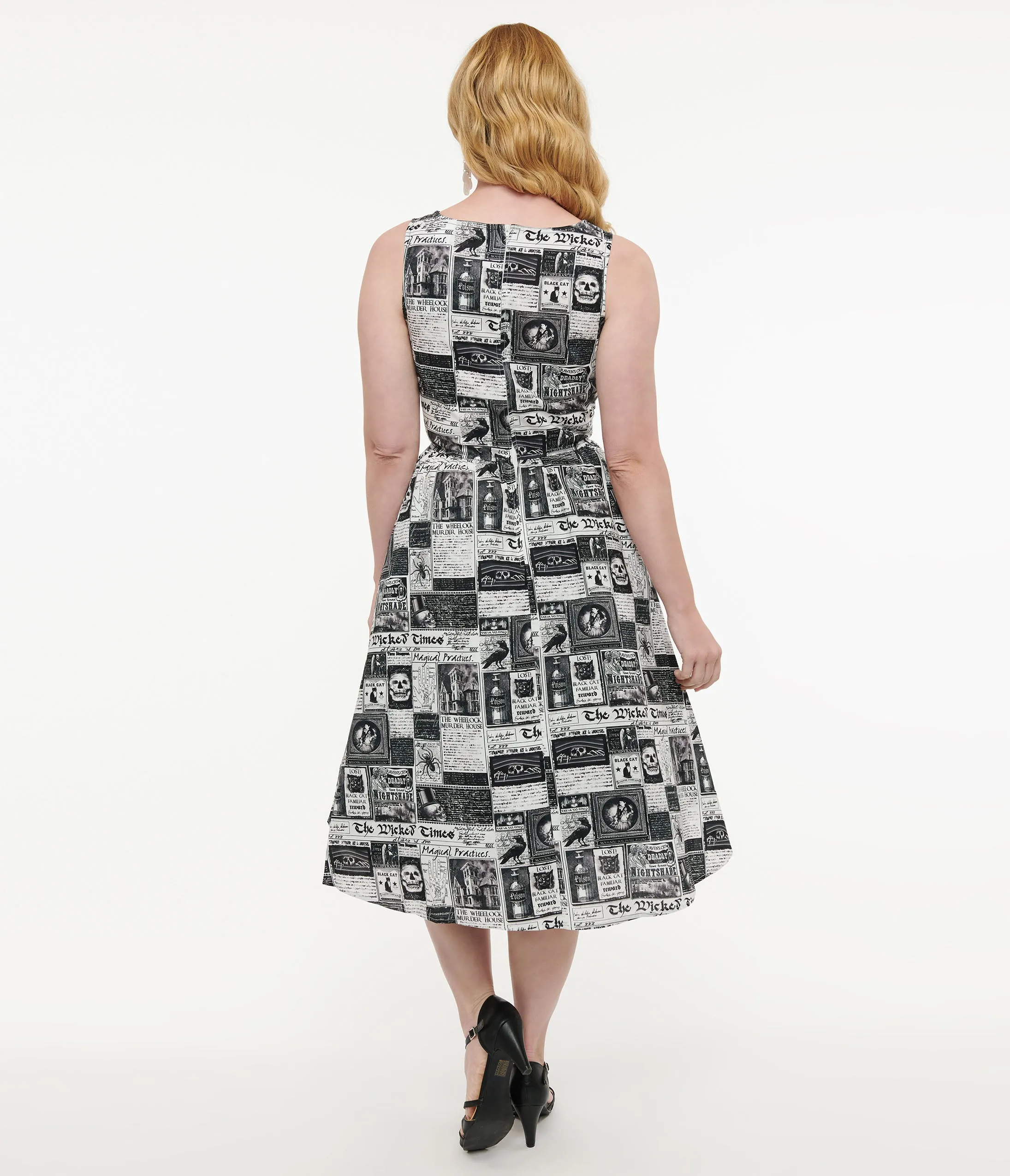 Retrolicious 1950s Black & White Halloween Newspaper Midi Dress Casual Everyday Look