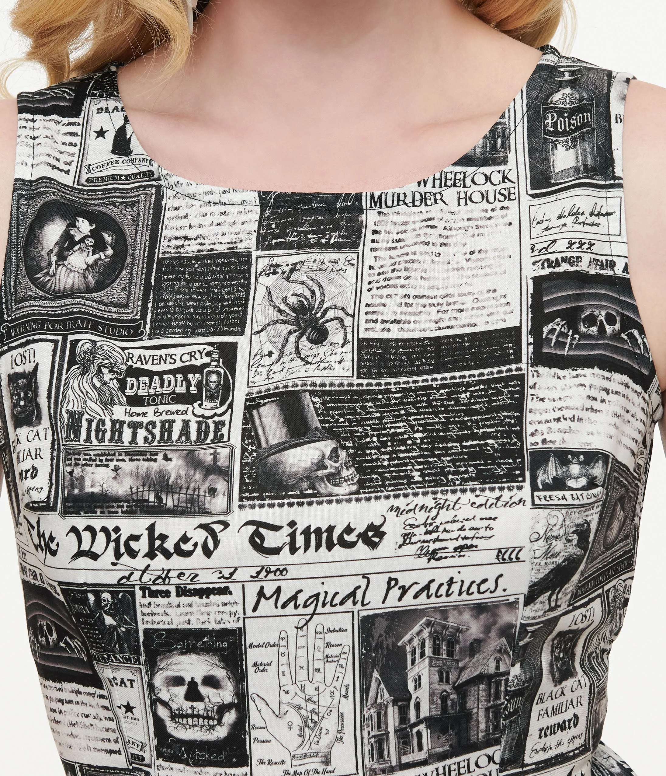 Retrolicious 1950s Black & White Halloween Newspaper Midi Dress Casual Everyday Look