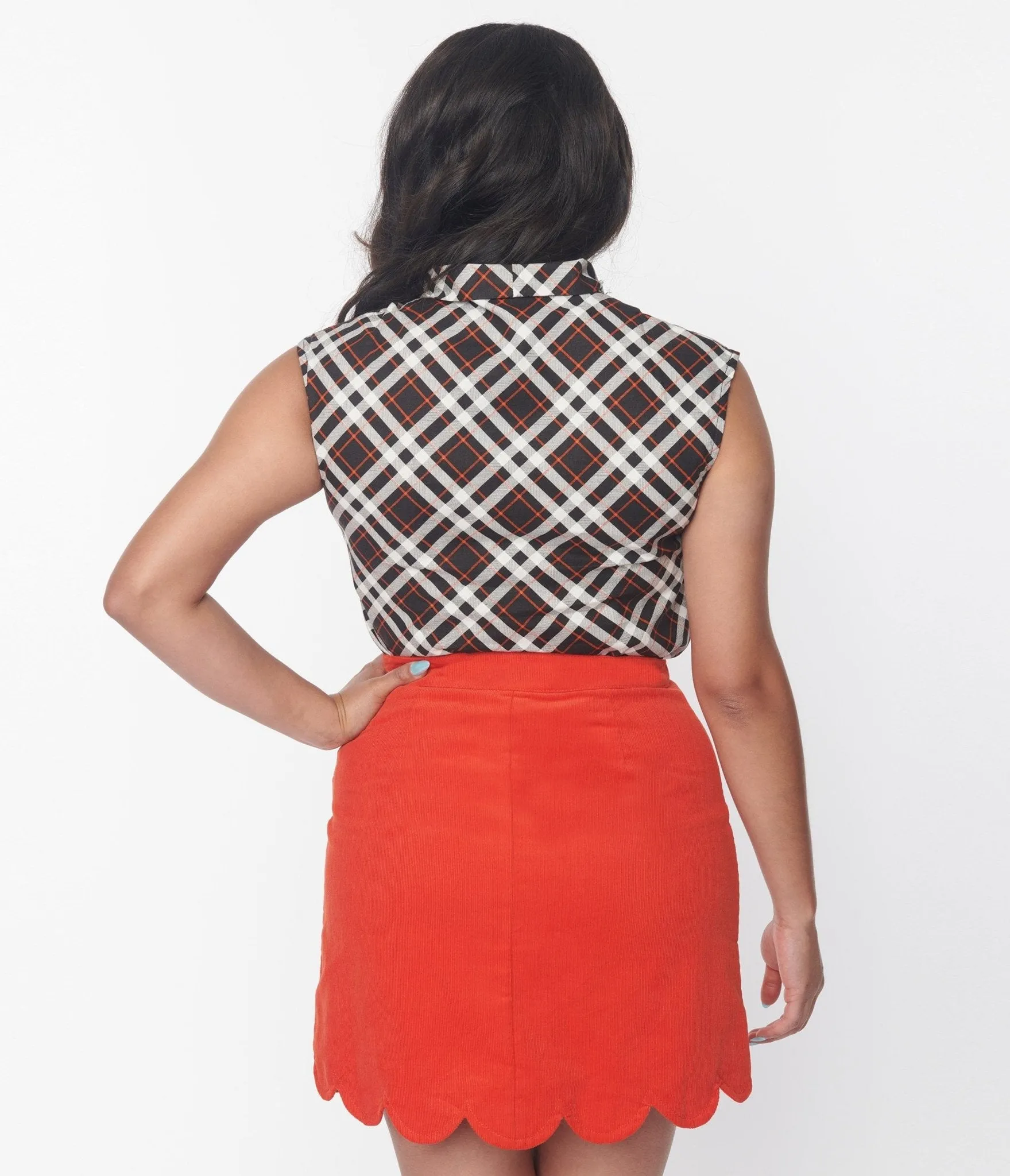 Retrolicious Black & Orange Plaid Bow Top Easy Date Night
