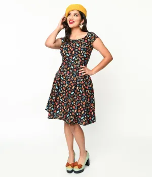 Retrolicious Black Leaves & Acorns Margaret Flare Dress Casual Everyday Look