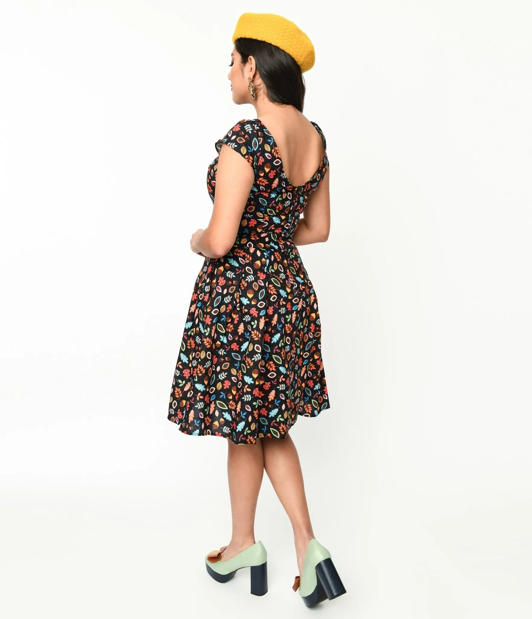 Retrolicious Black Leaves & Acorns Margaret Flare Dress Casual Everyday Look