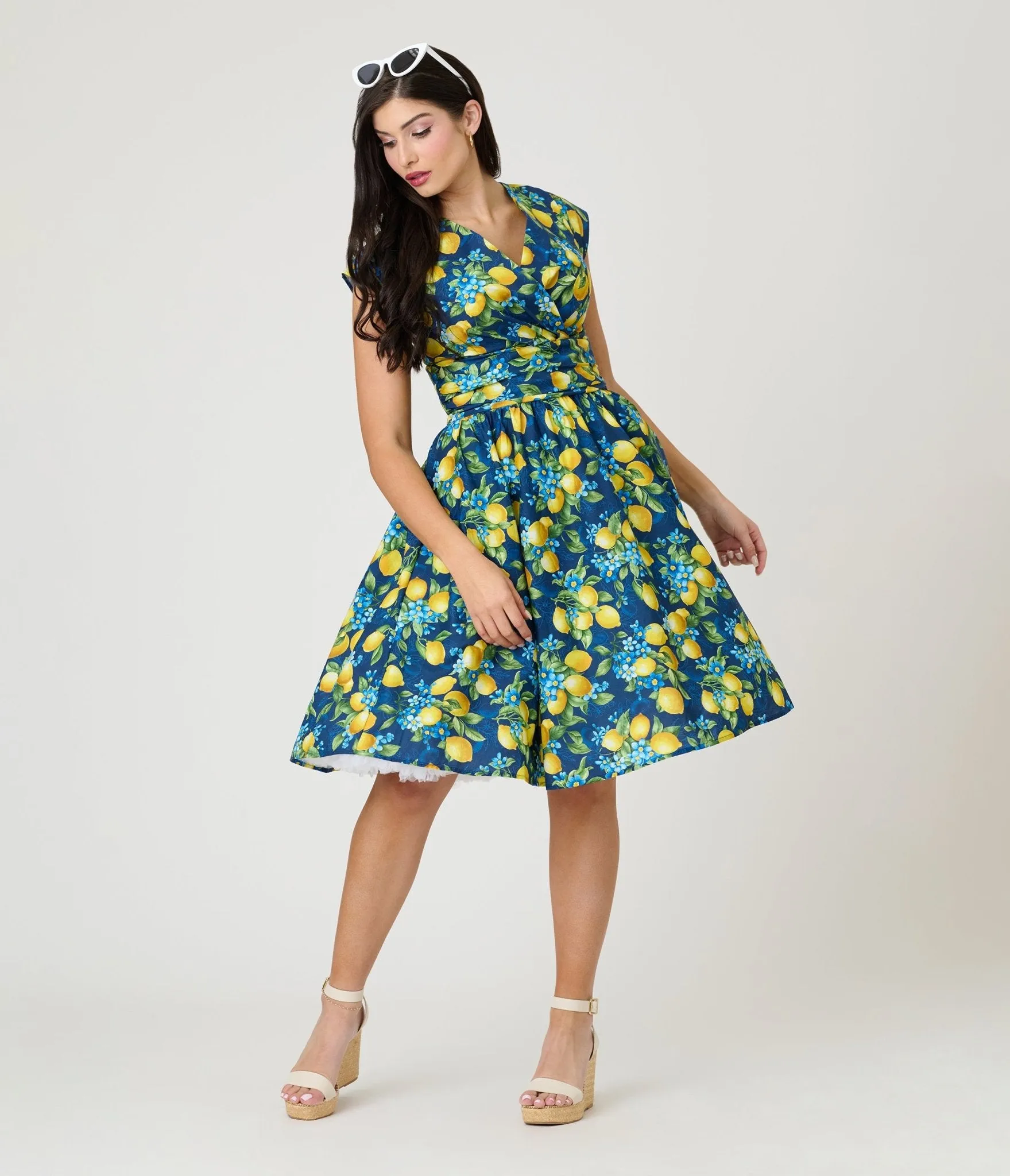 Retrolicious Blue & Lemon Print Cotton Swing Dress Casual Everyday Look