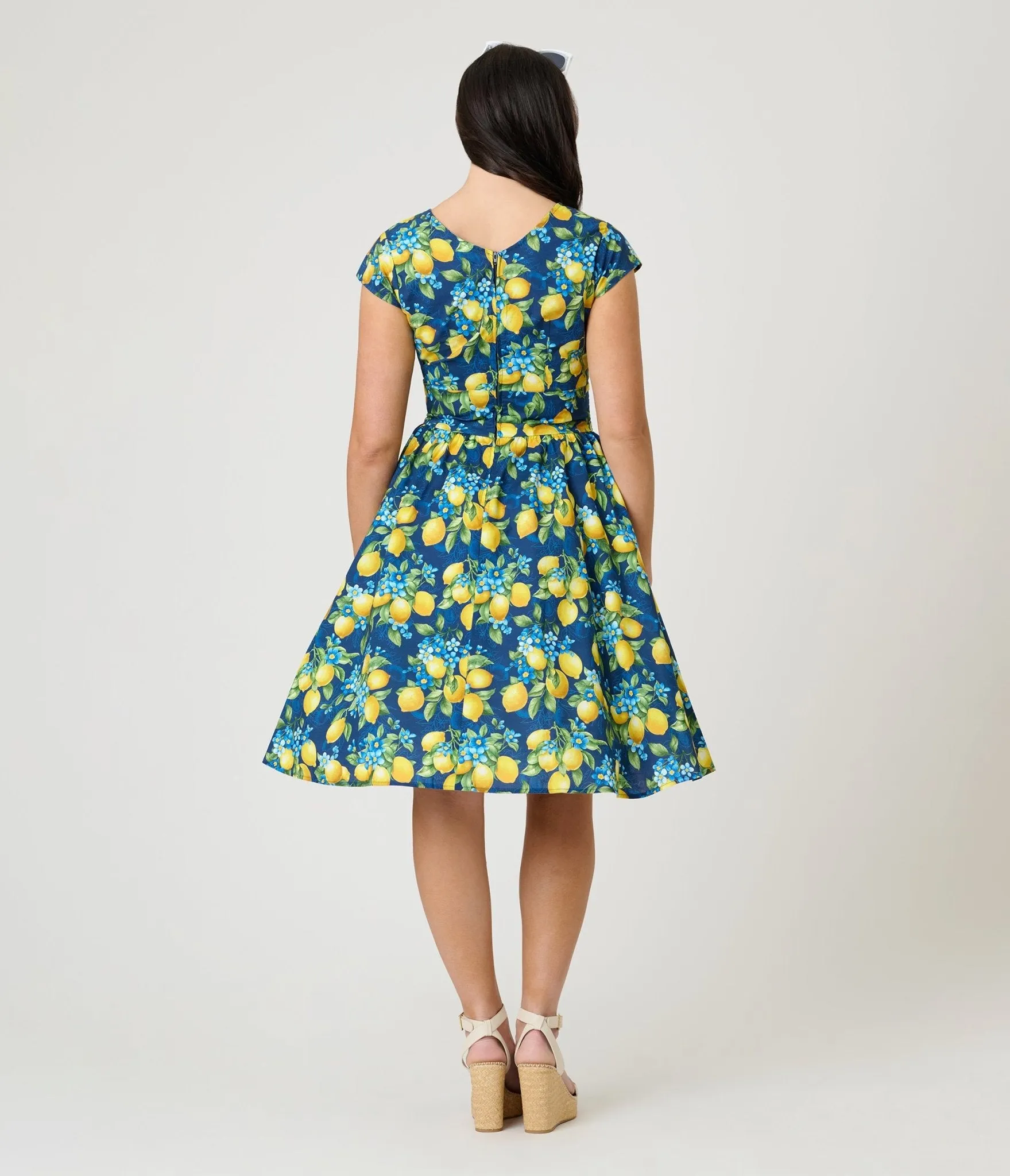 Retrolicious Blue & Lemon Print Cotton Swing Dress Casual Everyday Look