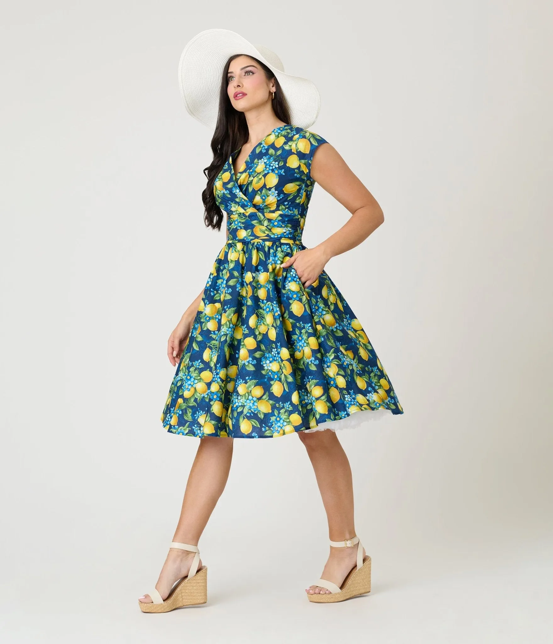 Retrolicious Blue & Lemon Print Cotton Swing Dress Casual Everyday Look
