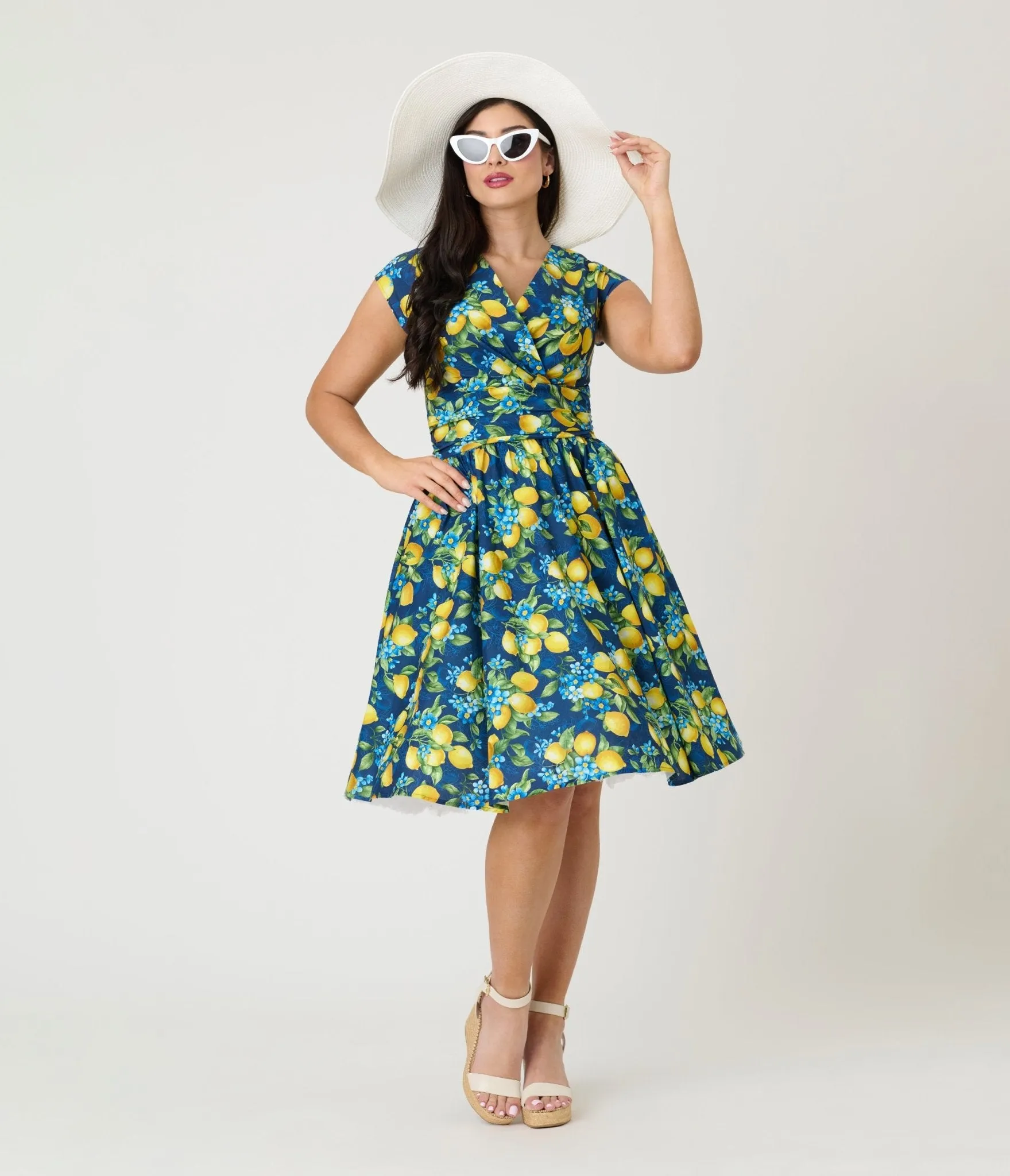 Retrolicious Blue & Lemon Print Cotton Swing Dress Casual Everyday Look