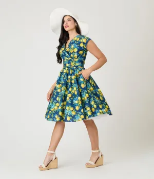 Retrolicious Blue & Lemon Print Cotton Swing Dress Casual Everyday Look