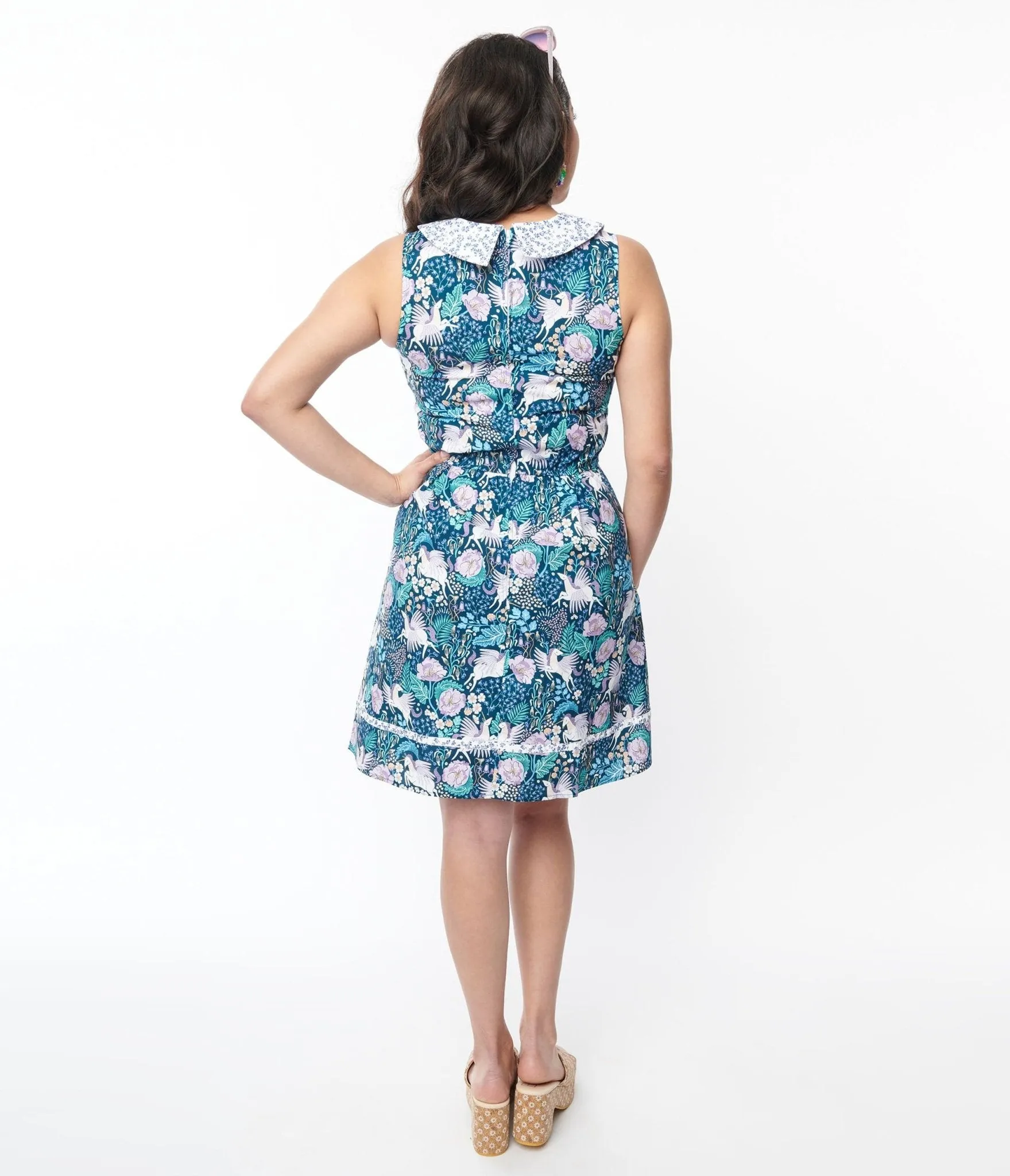 Retrolicious Blue Pegasus & Floral Flare Dress Casual Everyday Look