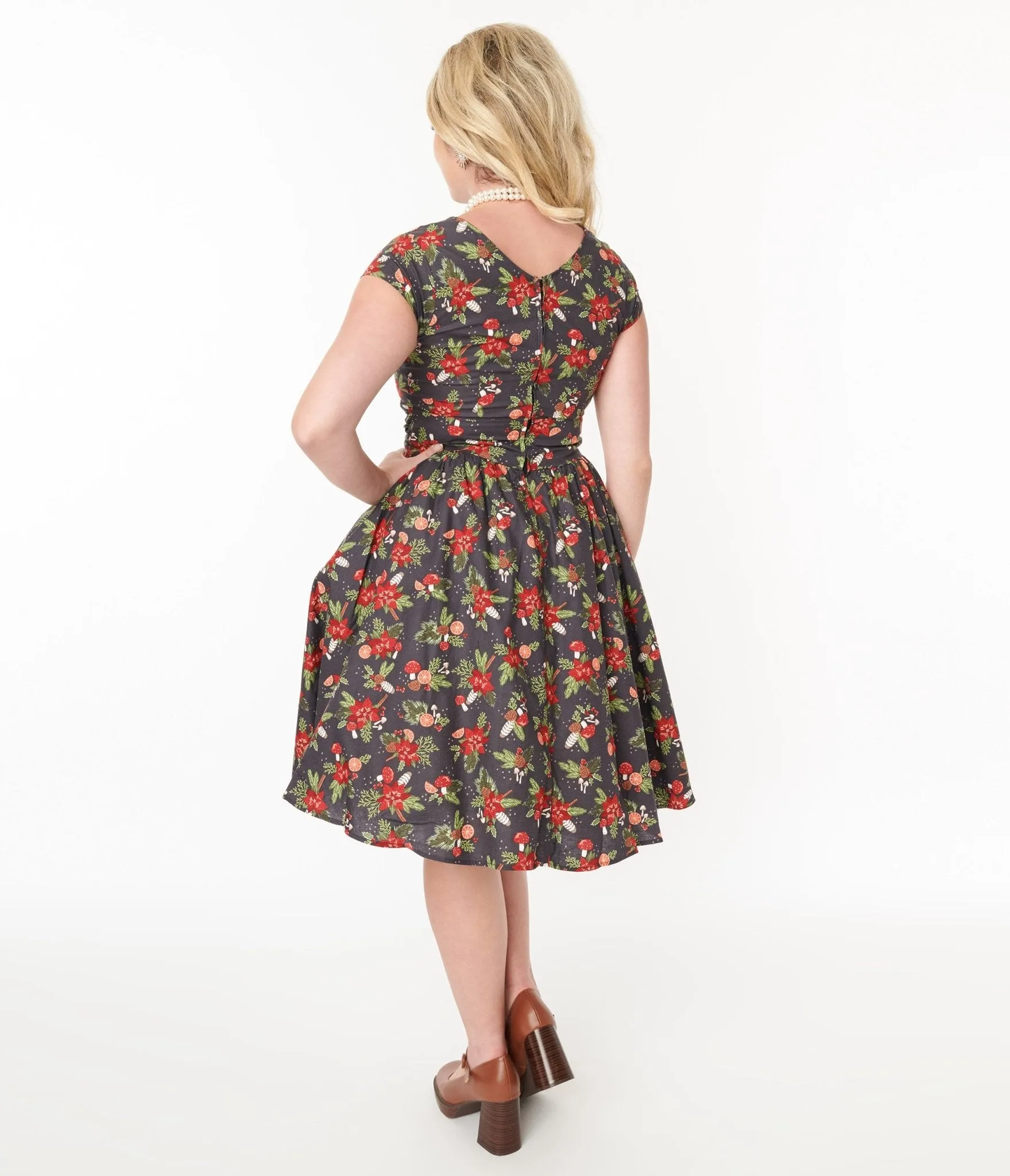 Retrolicious Brown & Holiday Florals Greta Swing Dress Casual Everyday Look
