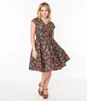 Retrolicious Brown & Holiday Florals Greta Swing Dress Casual Everyday Look