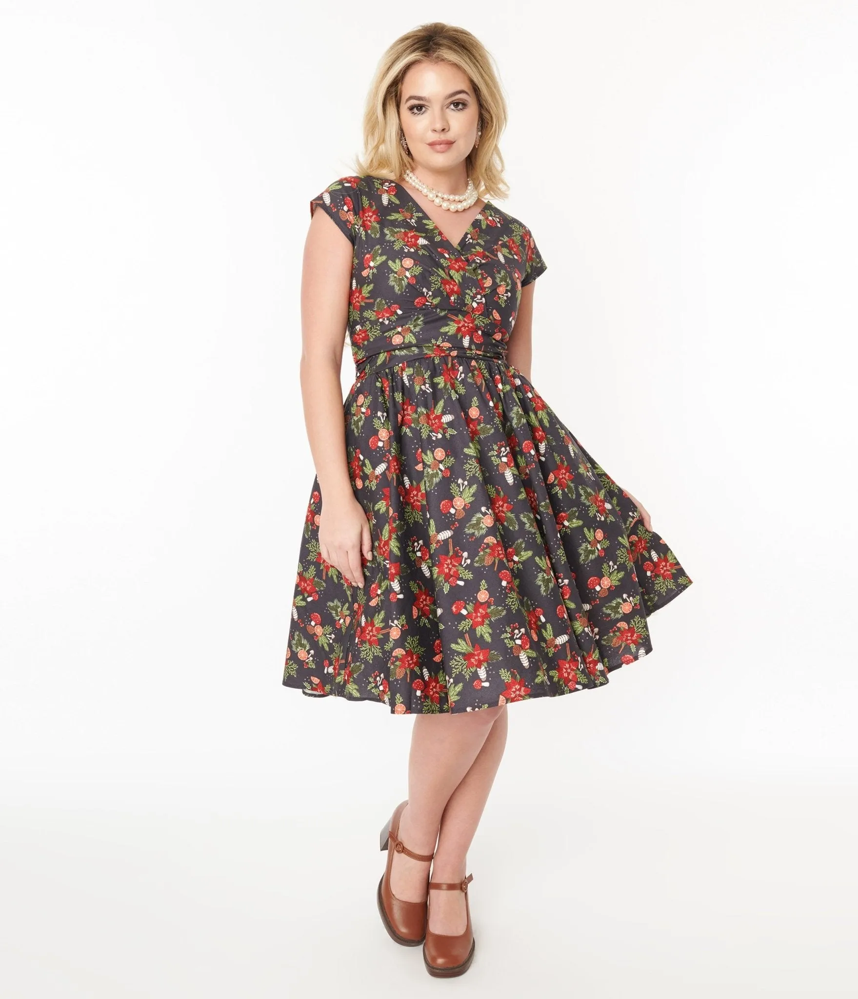 Retrolicious Brown & Holiday Florals Greta Swing Dress Casual Everyday Look
