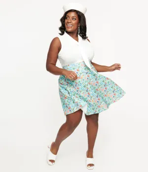 Retrolicious Plus Size 1950s Blue & Multicolor Fish Print Cotton Skater Skirt Comfortable Travel Wear