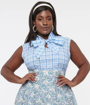 Retrolicious Plus Size 1950s Blue Plaid Cotton Bow Top Easy Date Night