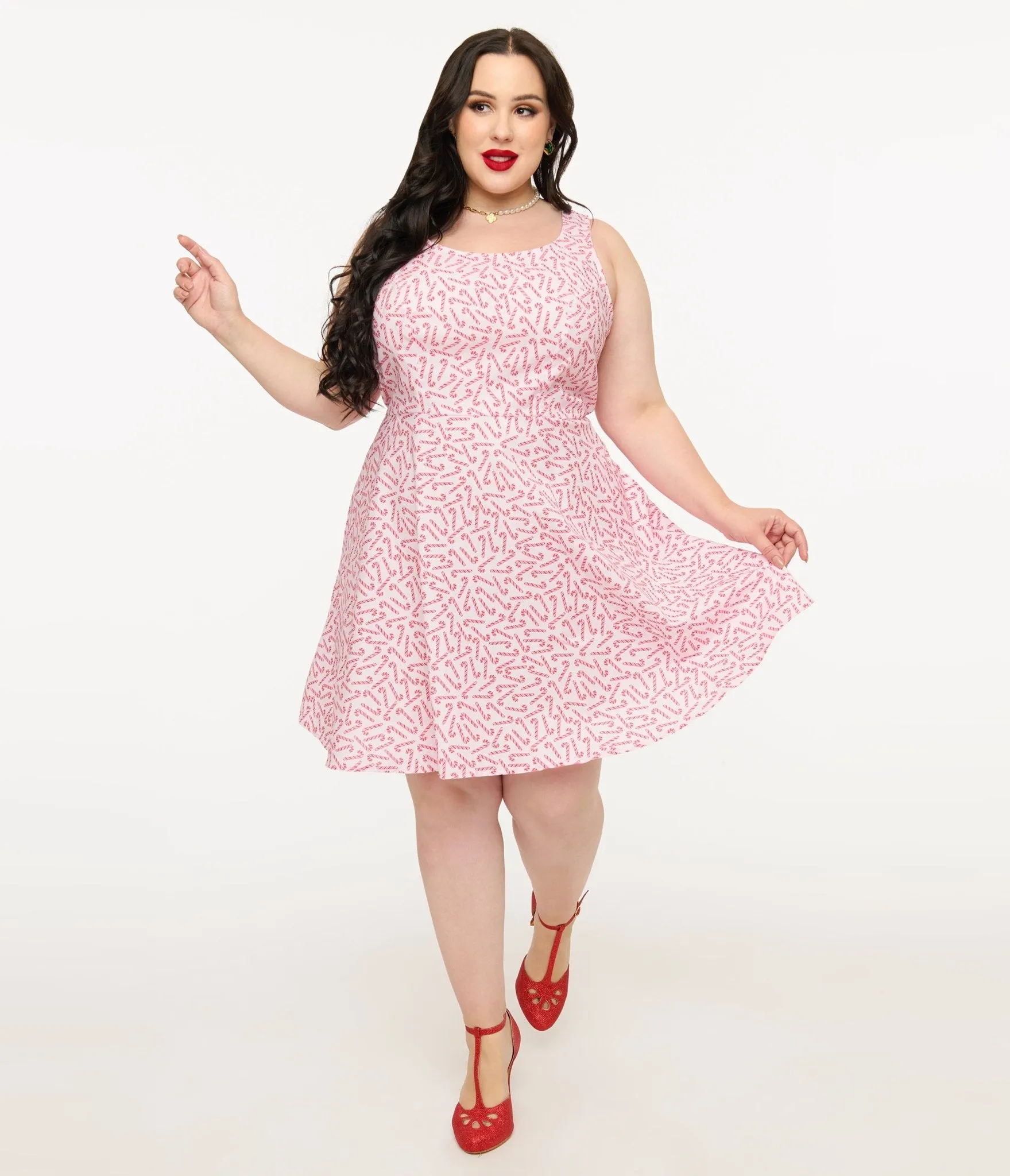Retrolicious Plus Size 1950s Candy Cane Print Cotton Skater Dress Casual Everyday Look