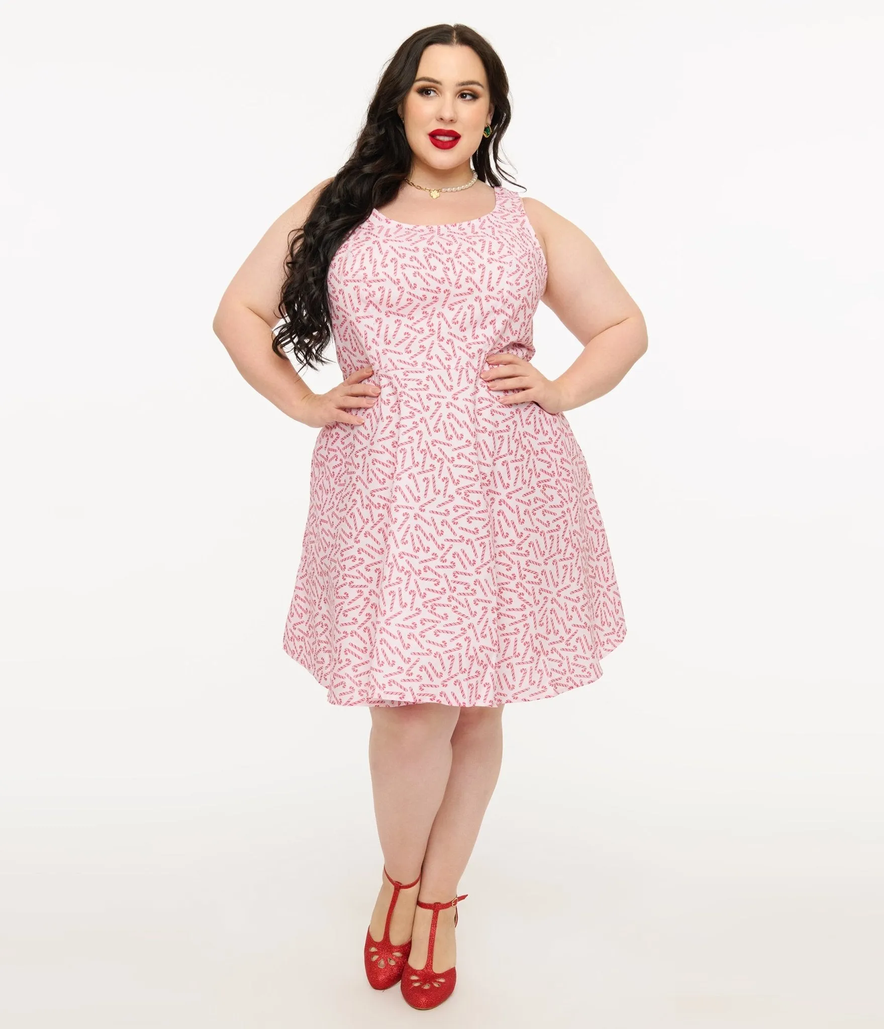 Retrolicious Plus Size 1950s Candy Cane Print Cotton Skater Dress Casual Everyday Look