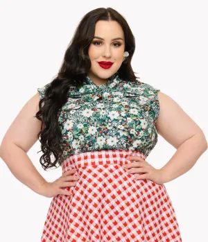 Retrolicious Plus Size 1950s Winter Floral Cotton Bow Top Easy Date Night